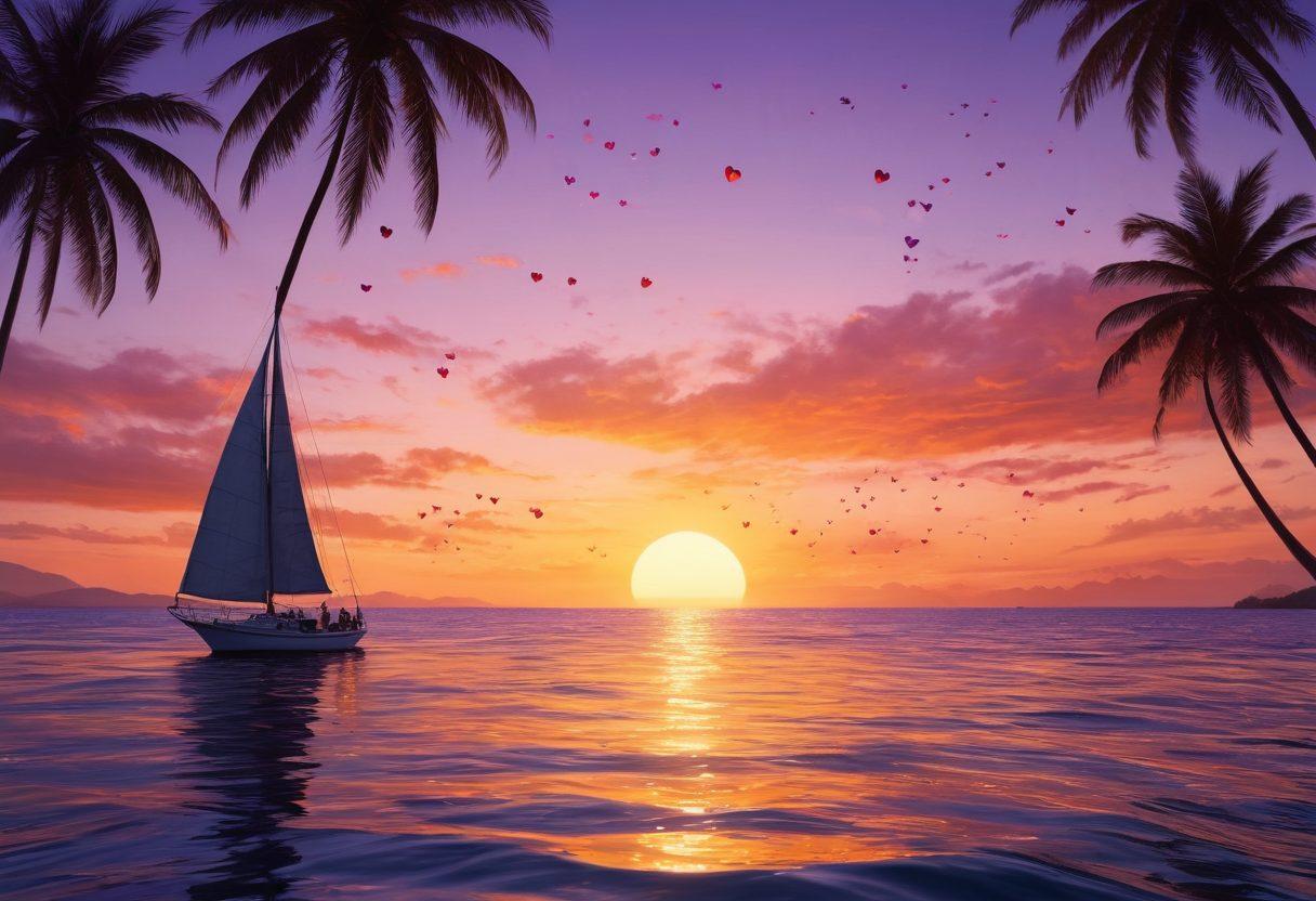 A picturesque sunset over a serene ocean, featuring a couple on a sailboat, embracing as gentle waves lap against the hull. Palm trees sway in the foreground, and a dreamy sky filled with warm hues of orange, pink, and purple creates a romantic atmosphere. Add subtle elements like hearts or soft glowing lanterns to enhance the theme of love and adventure. super-realistic. vibrant colors. 3D.