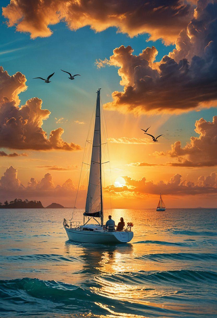 A picturesque scene of a couple sailing on a romantic sailboat, surrounded by vibrant turquoise waters and a stunning sunset in the background. Soft waves create a gentle ambiance, while the couple shares an intimate moment, with champagne in hand and tropical flowers adorning the boat. Include seagulls flying overhead and distant island silhouettes to evoke adventure and romance. super-realistic. vibrant colors. idyllic setting.