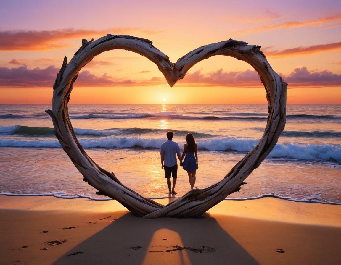 A romantic couple holding hands on a picturesque beach at sunset, surrounded by gentle waves. In the background, a sailboat glides through the horizon, symbolizing adventure and intimacy. Add a heart-shaped driftwood frame and soft, warm tones to evoke a cozy atmosphere. super-realistic. vibrant colors. serene beach setting.